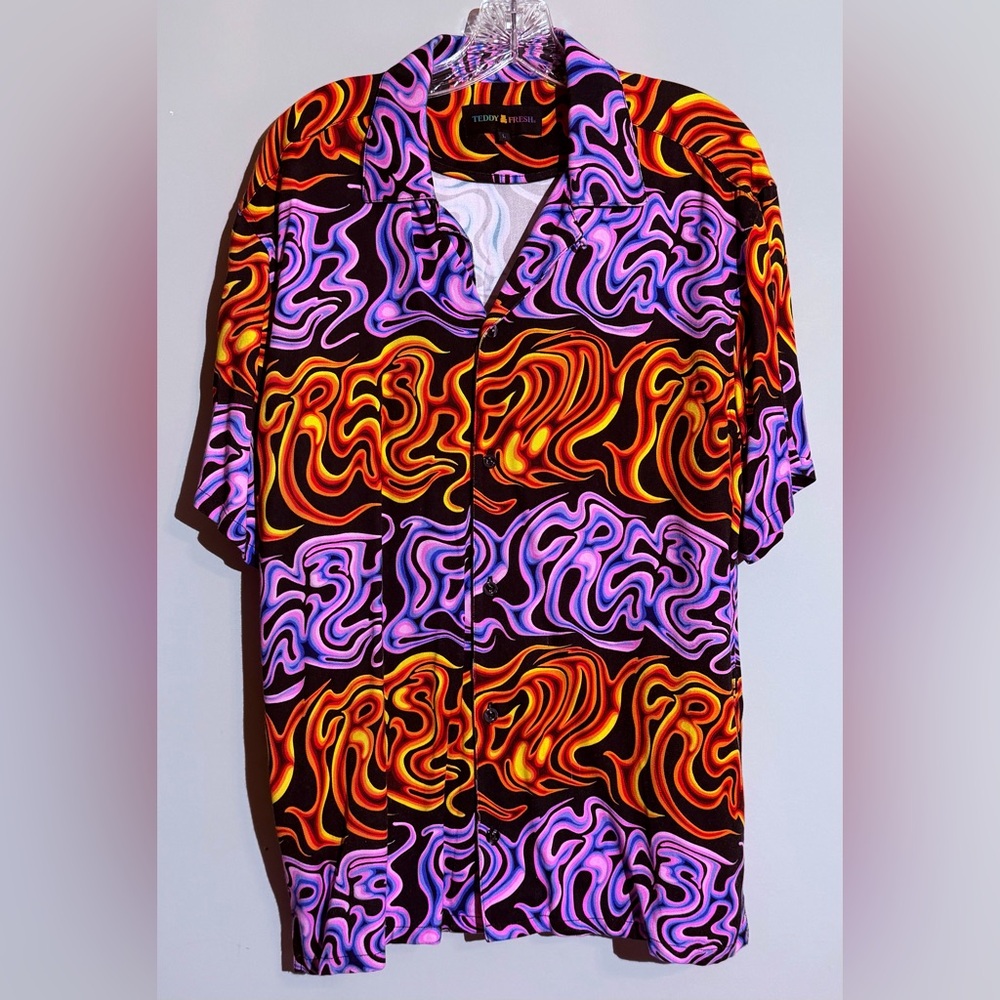 Teddy Fresh Oil Spill Flame Camp Button Up Shirt Size L
